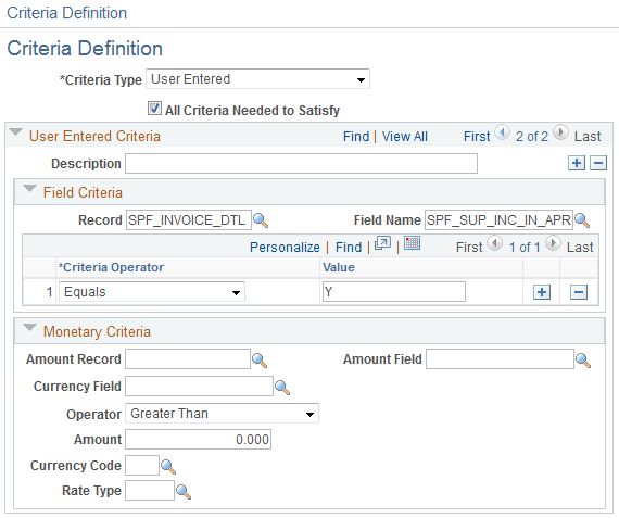 Criteria Definition for Supplier Approval page