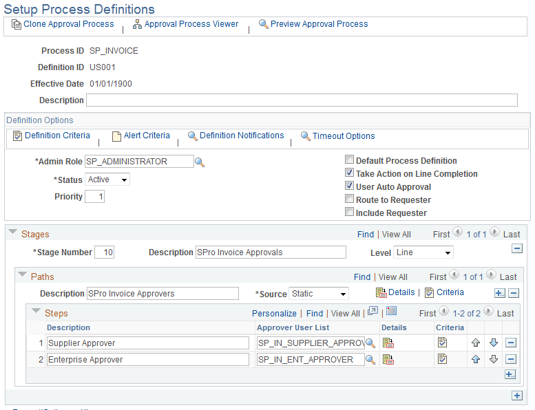 Setup Process Definitions page
