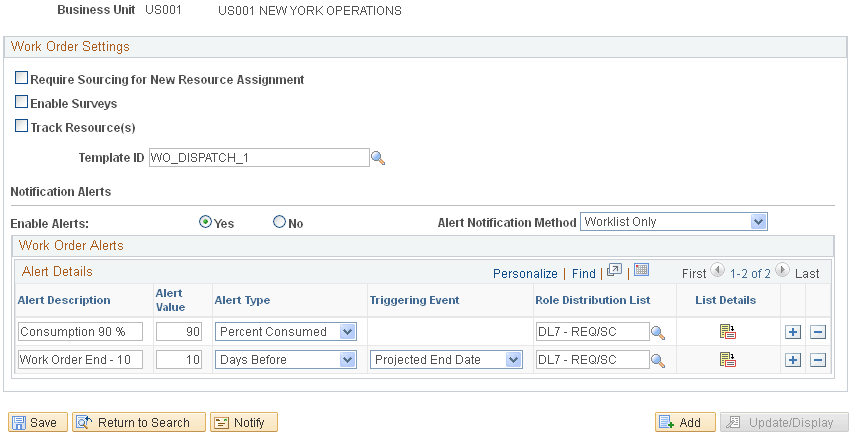 Work Order Settings page