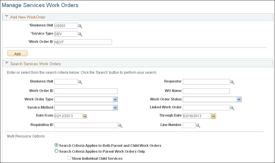 Manage Services Work Order page (1 of 2)