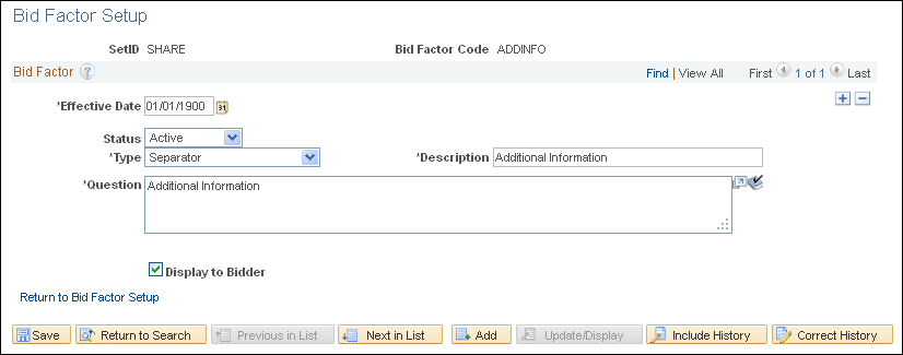 Bid Factor Setup page