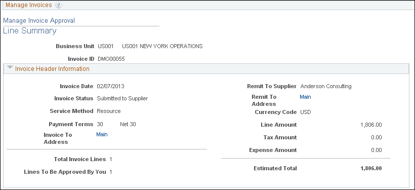 Manage Invoice Approval - Line Summary page (1 of 2)