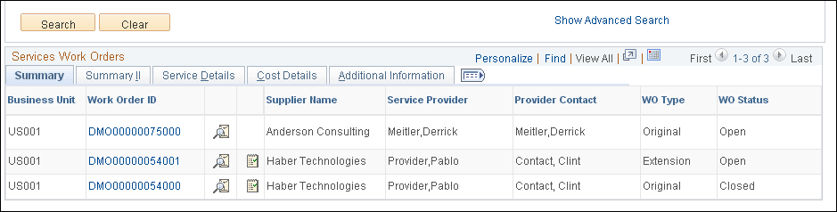 Manage Services Work Order page (2 of 2)