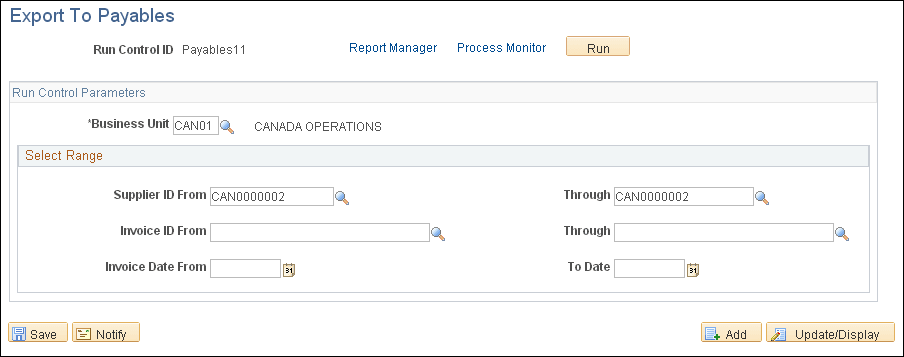 Export To Payables page
