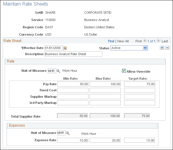 Maintain Rate Sheets page
