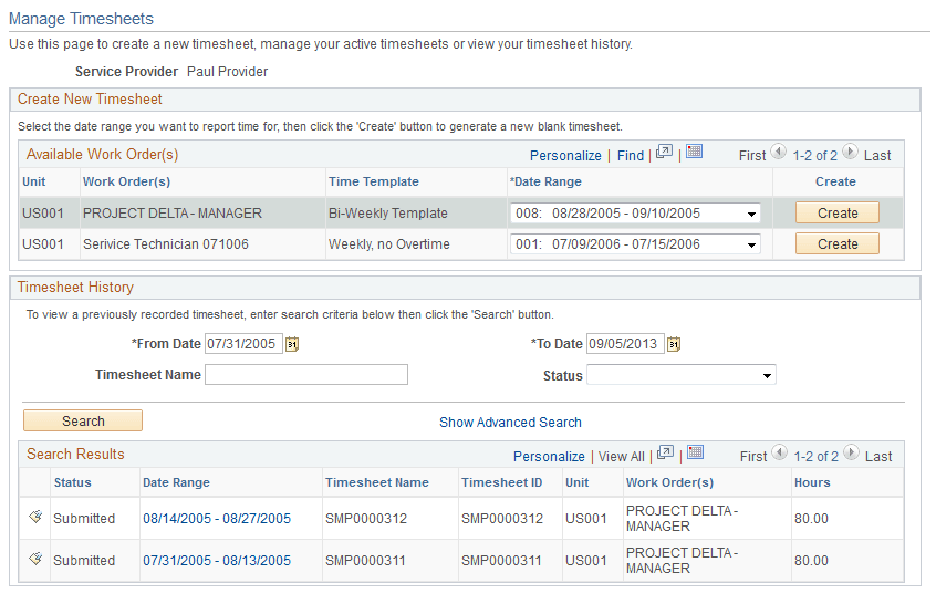 Manage Timesheets page
