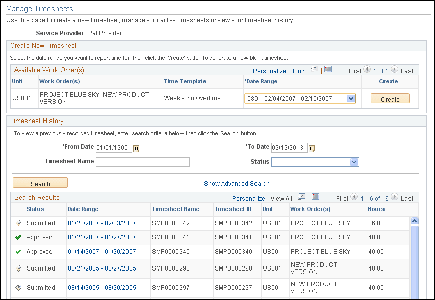 Manage Timesheets page