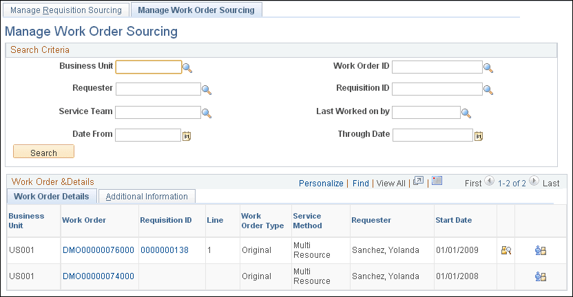Manage Work Order Sourcing page