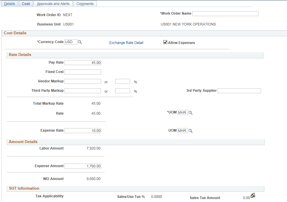Work Order - Cost page (1 of 2
