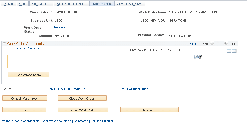 Work Order - Comments page
