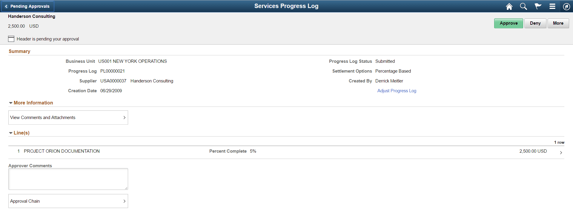 Services Progress Log header approval page