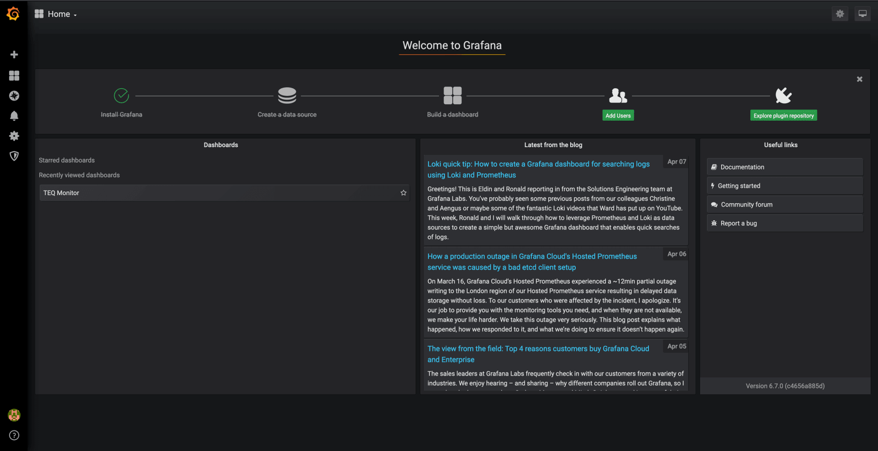 Grafanaの「Welcome」ページが表示されます。