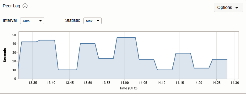 クロスリージョン・スタンバイ・データベースの場合の経時的にラグ(秒単位)を示すチャート