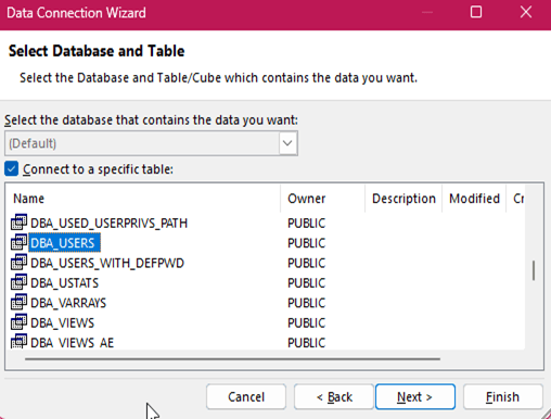 データ接続ウィザード - データベースとテーブルを選択