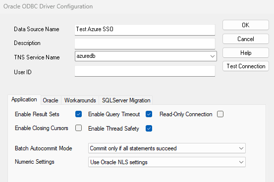 「Oracle ODBC ドライバー構成」ウィンドウ