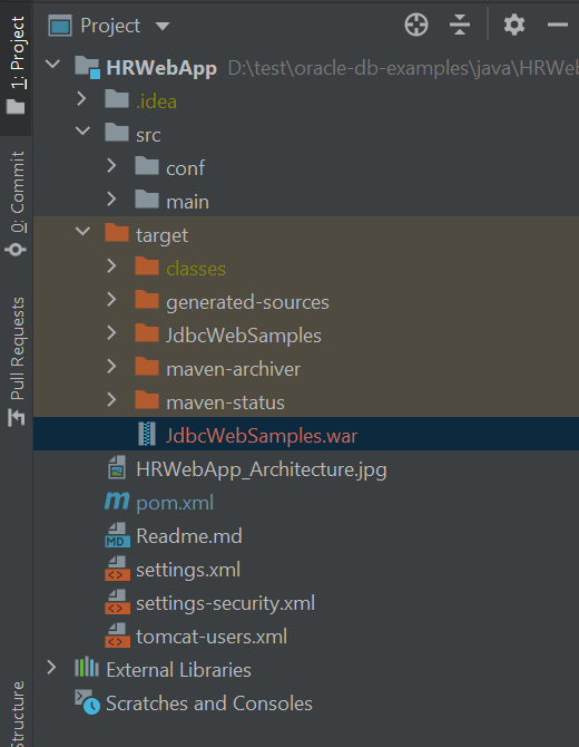「ターゲット」フォルダの下のJdbcWebSamples.warの画像