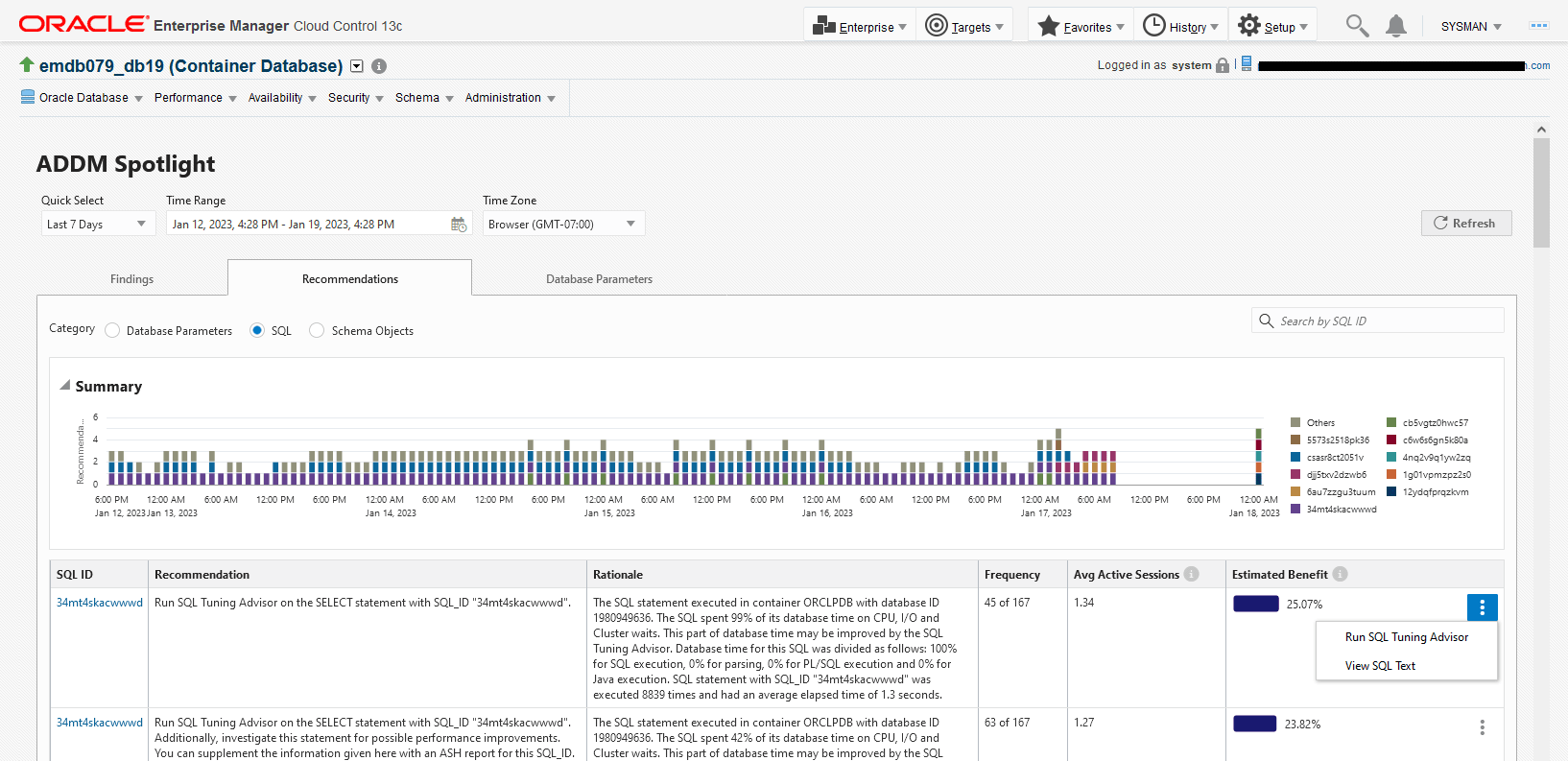 特定のデータベースのサンプル時間範囲のADDMの「推奨」タブと、SQLの推奨事項がリストされています。 特定のデータベースのサンプル時間範囲のADDMの「推奨」タブと、SQLの推奨事項がリストされています。