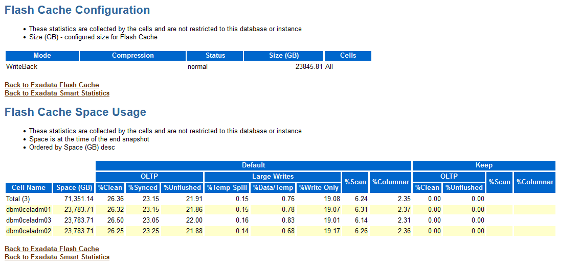 この画像は、AWRレポートのFlash Cache ConfigurationセクションおよびFlash Cache Space Usageセクションの例を示しています。