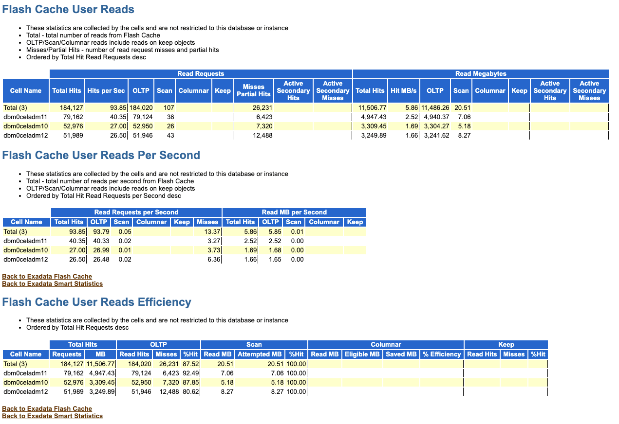 この画像は、AWRレポートのFlash Cache User Reads - Skips、Flash Cache User Reads - Skips/秒およびFlash Cache User Reads - Skips効率の各セクションの例を示しています。
