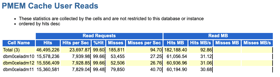 この画像は、AWRレポートのPMEM Cache User Readsセクションの例を示しています。