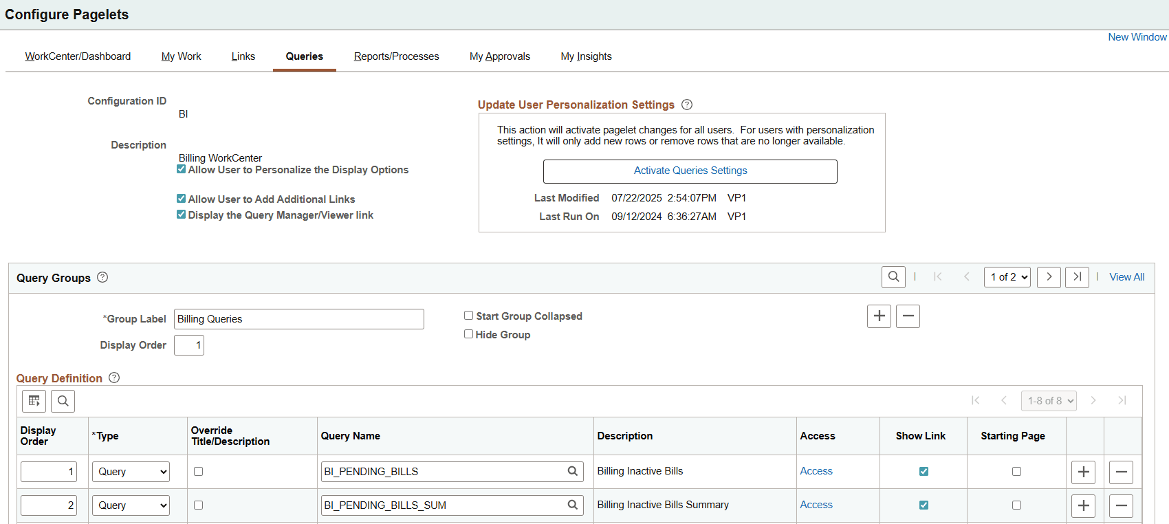 Configure Pagelets - Queries page