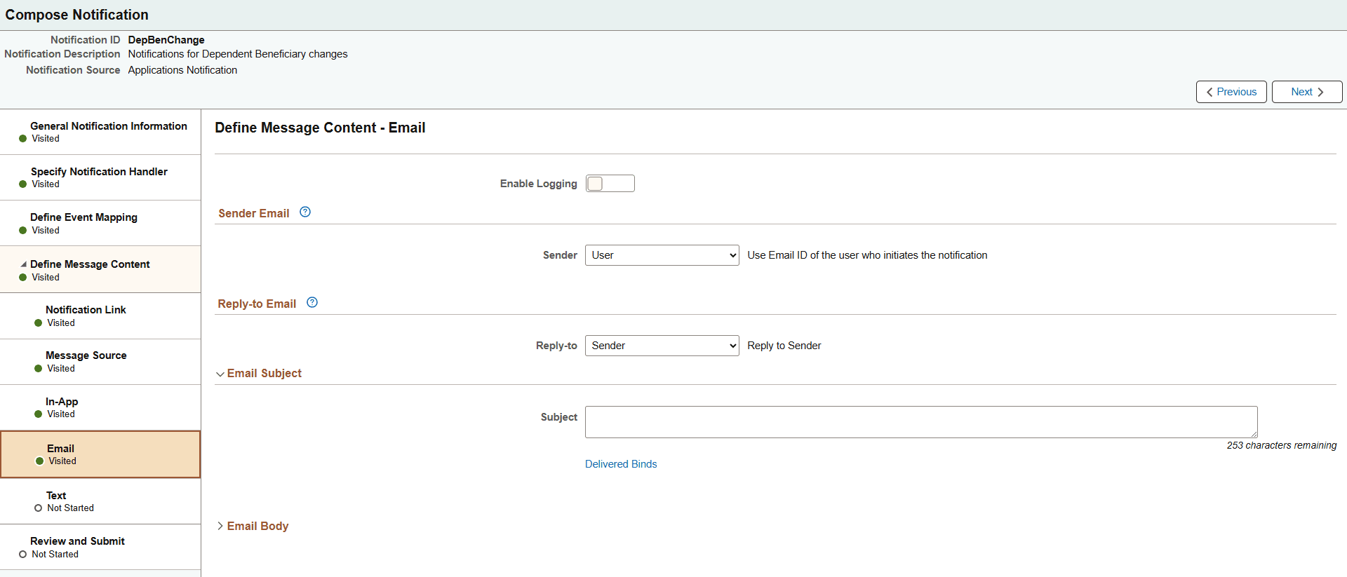 Define Message Content - Email page (with Custom Text source)