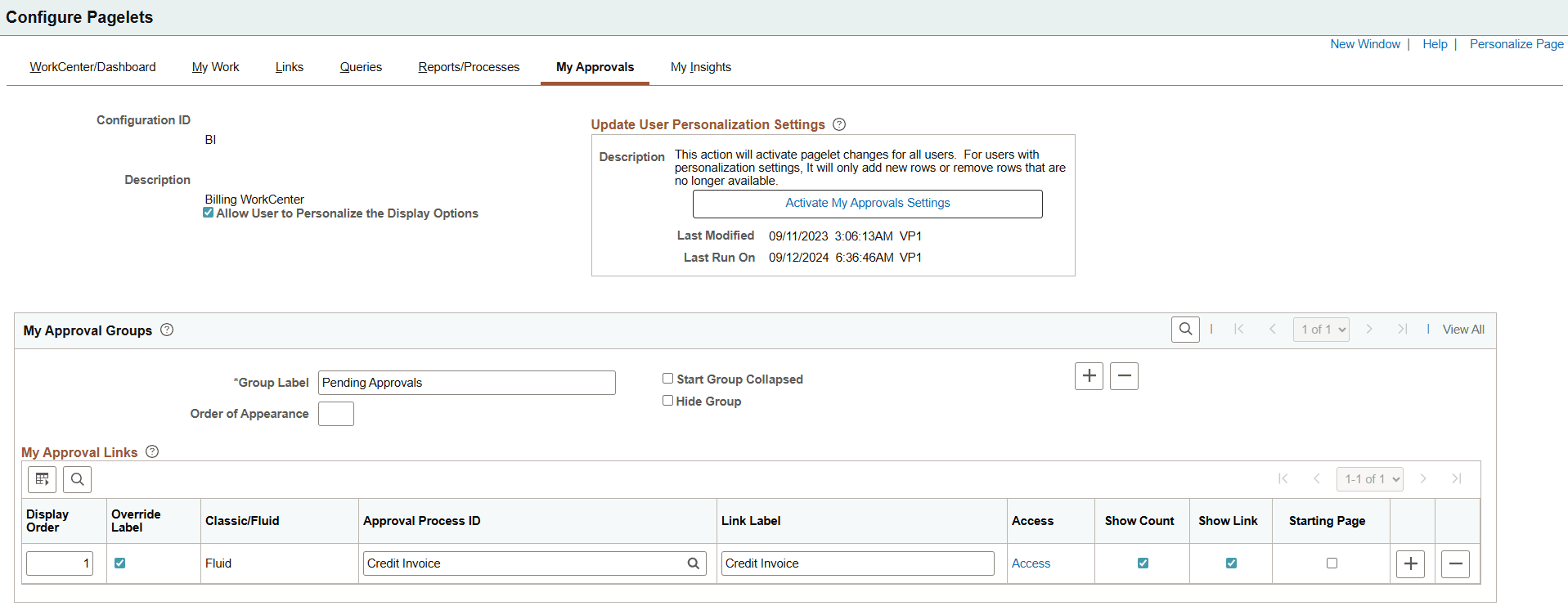 Configure Pagelets - My Approvals page