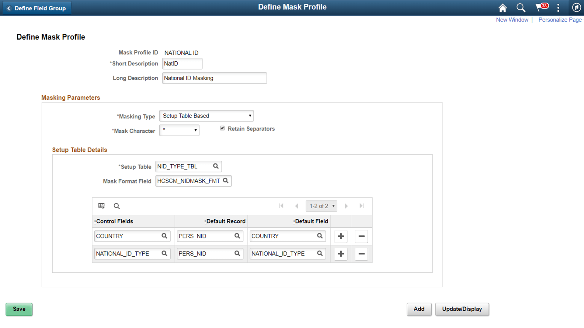 Setup table based masking