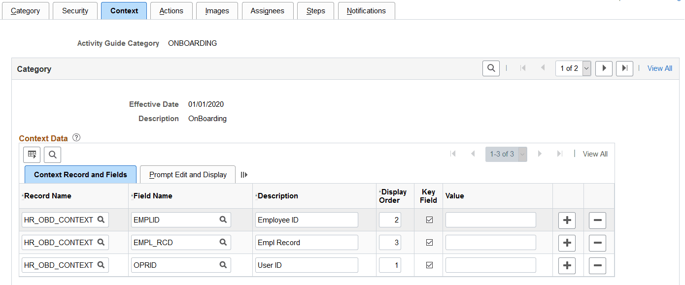 Categories - Context page (1 of 2) showing the Context Record and Fields tab
