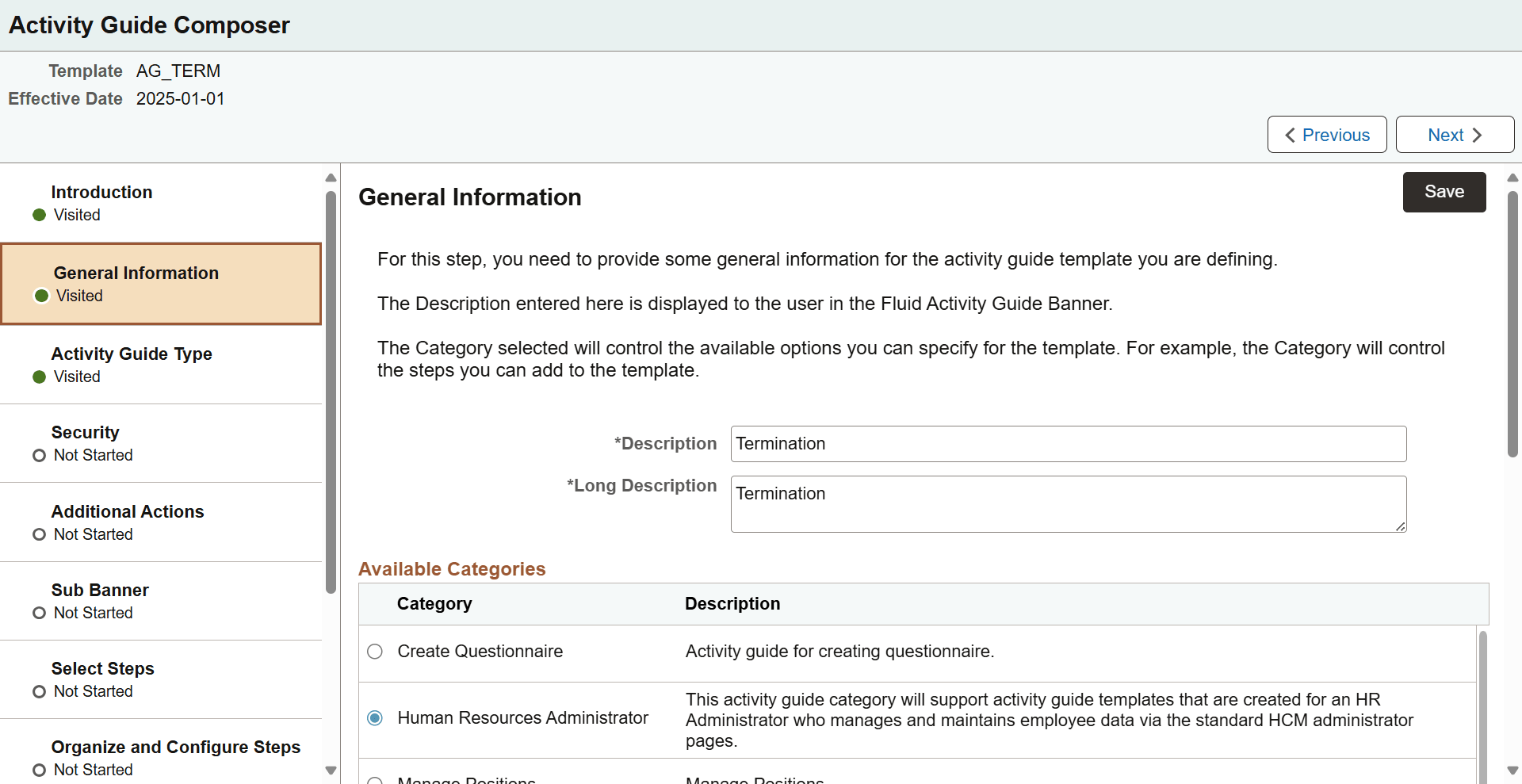 Activity Guide Composer - General Information page for a new template
