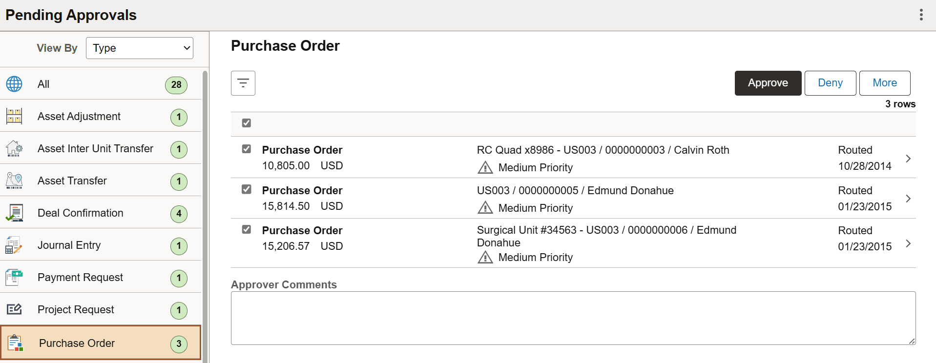 Pending Approvals page when Mass Approvals is enabled for a transaction category