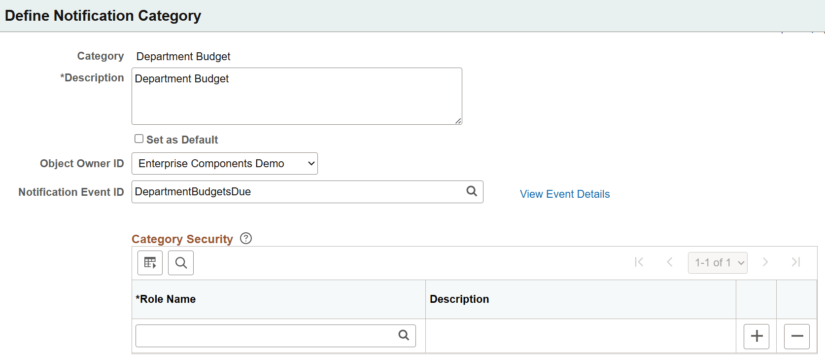 Define Notification Category page
