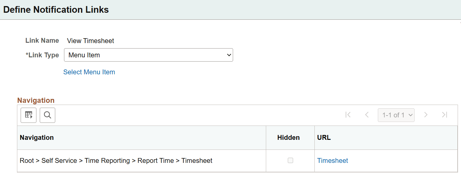 Define Notification Links page