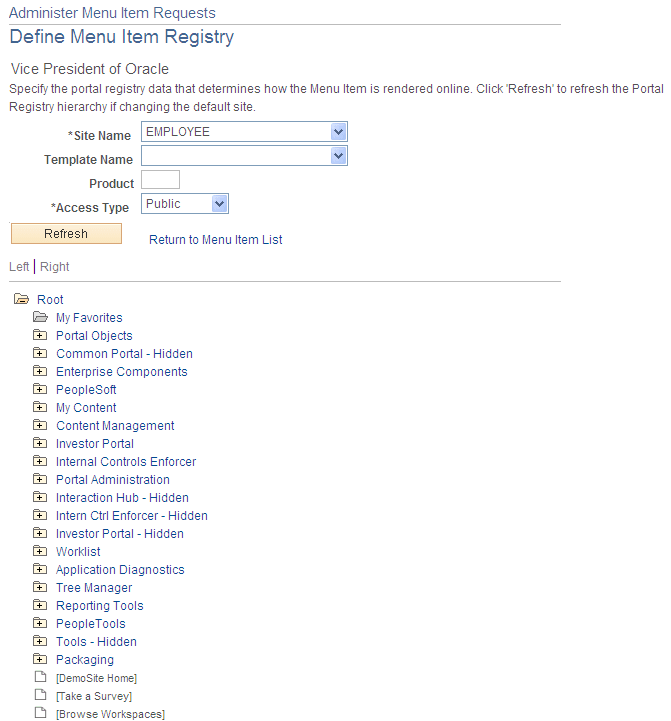 Define Menu Item Registry page