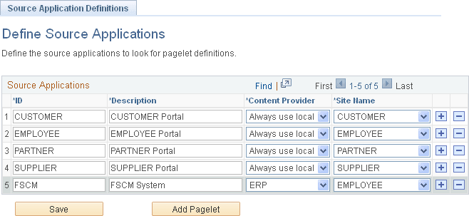 Define Source Applications page