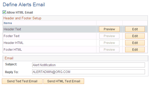 Define Alerts Email page