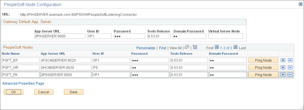 PeopleSoft Node Configuration page with a shared gateway configuration