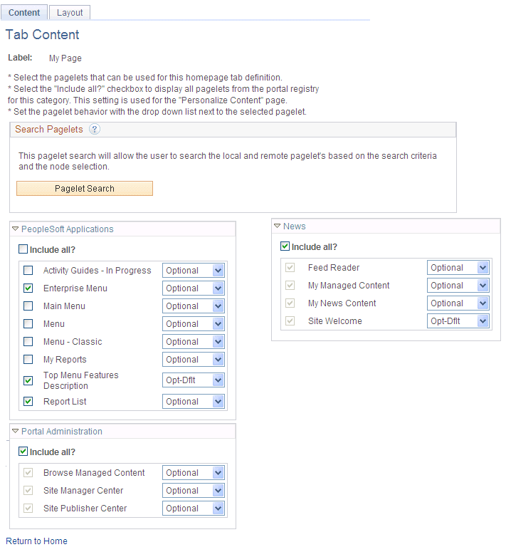 Configure Homepage Tab - Tab Content page