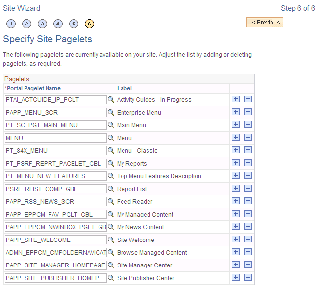 Site Wizard - Specify Site Pagelets page