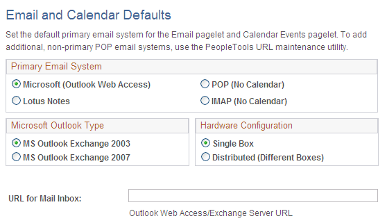 Email and Calendar Defaults page with the Microsoft (Outlook Web Access) option selected