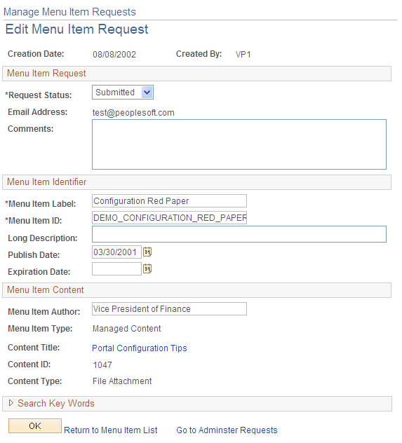 Edit Menu Item Request page