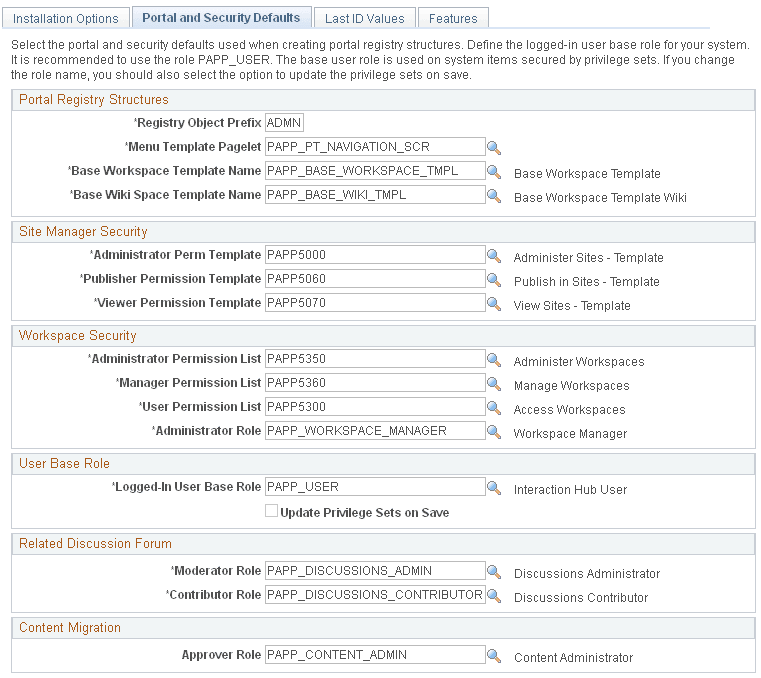 Portal and Security Defaults page