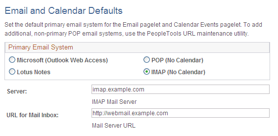 Email and Calendar Defaults page with the IMAP (No Calendar) option selected