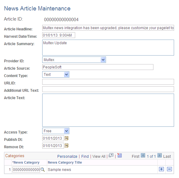 News Article Maintenance page