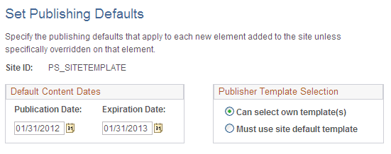Set Publishing Defaults page