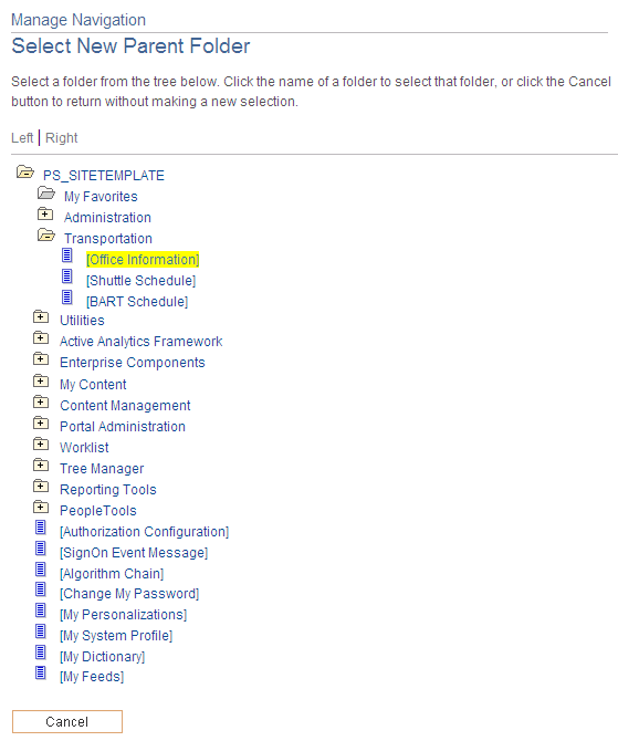 Select New Parent Folder page