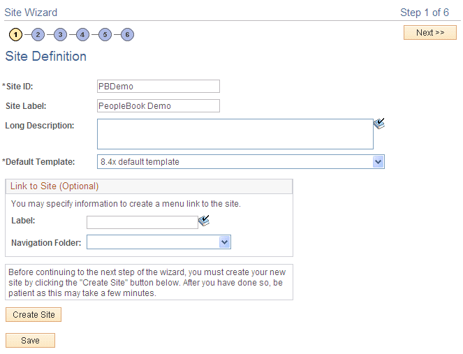 Site Wizard - Site Definition page