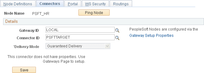 Connectors page showing a remote default local node