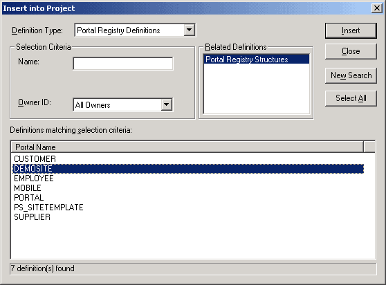 Insert into Project dialog box