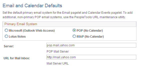 Email and Calendar Defaults page with the POP (No Calendar) option selected